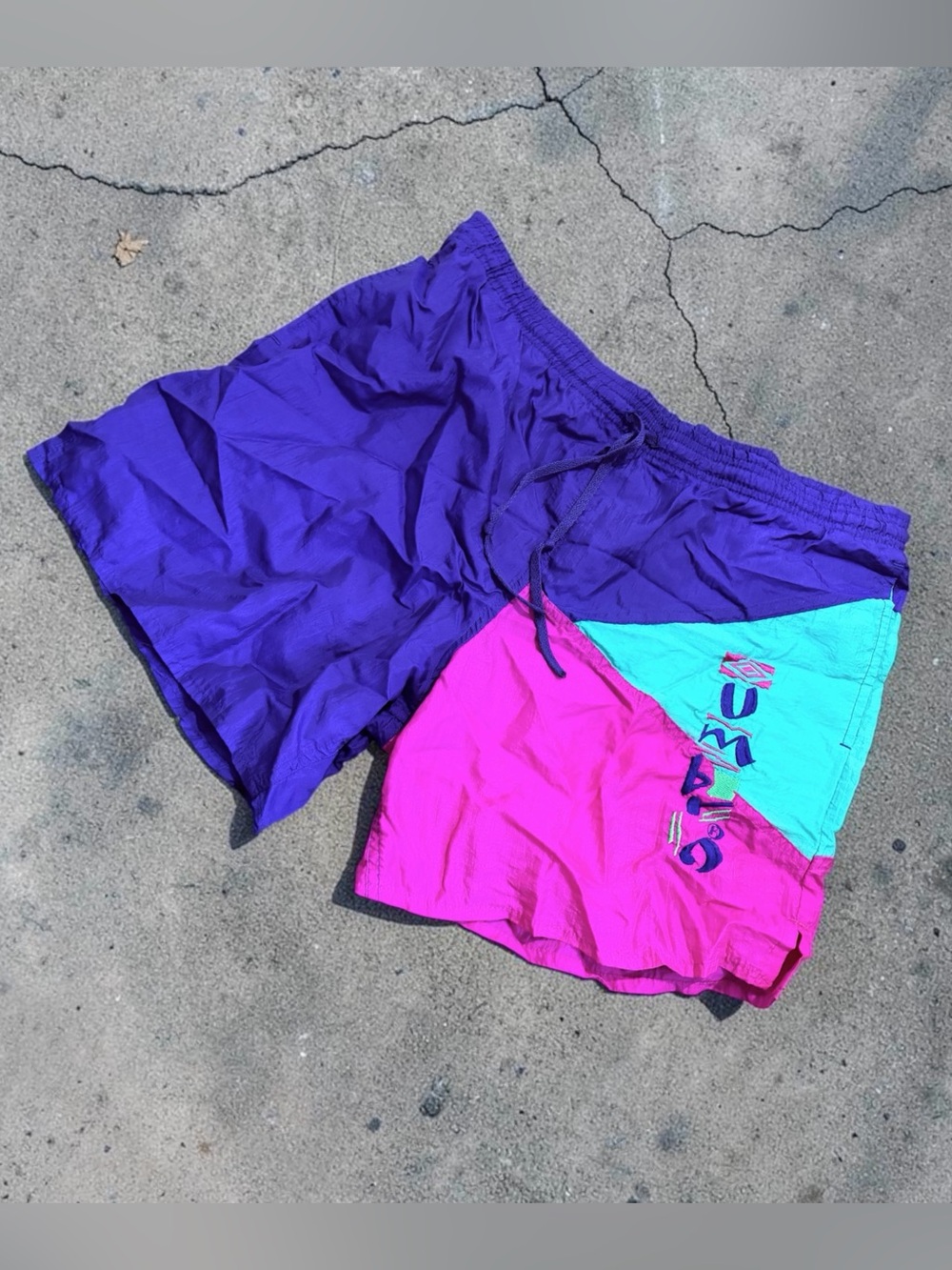 Vintage 90s Umbro Color Block Purple Neon Pink Teal Nylon Shorts Medium